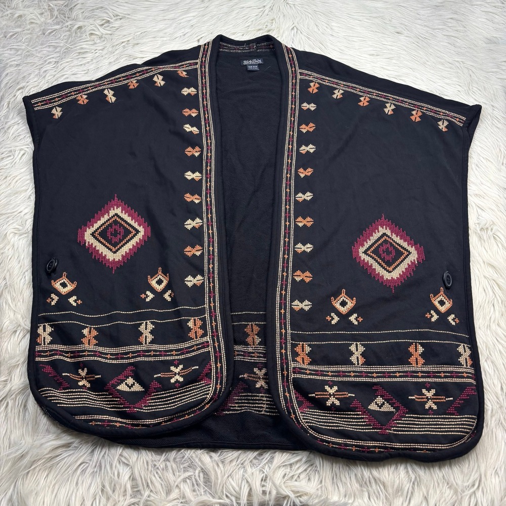 Lucky Brand Women's OS Black Embroidered Open Poncho Vest Boho Aztec Navaho